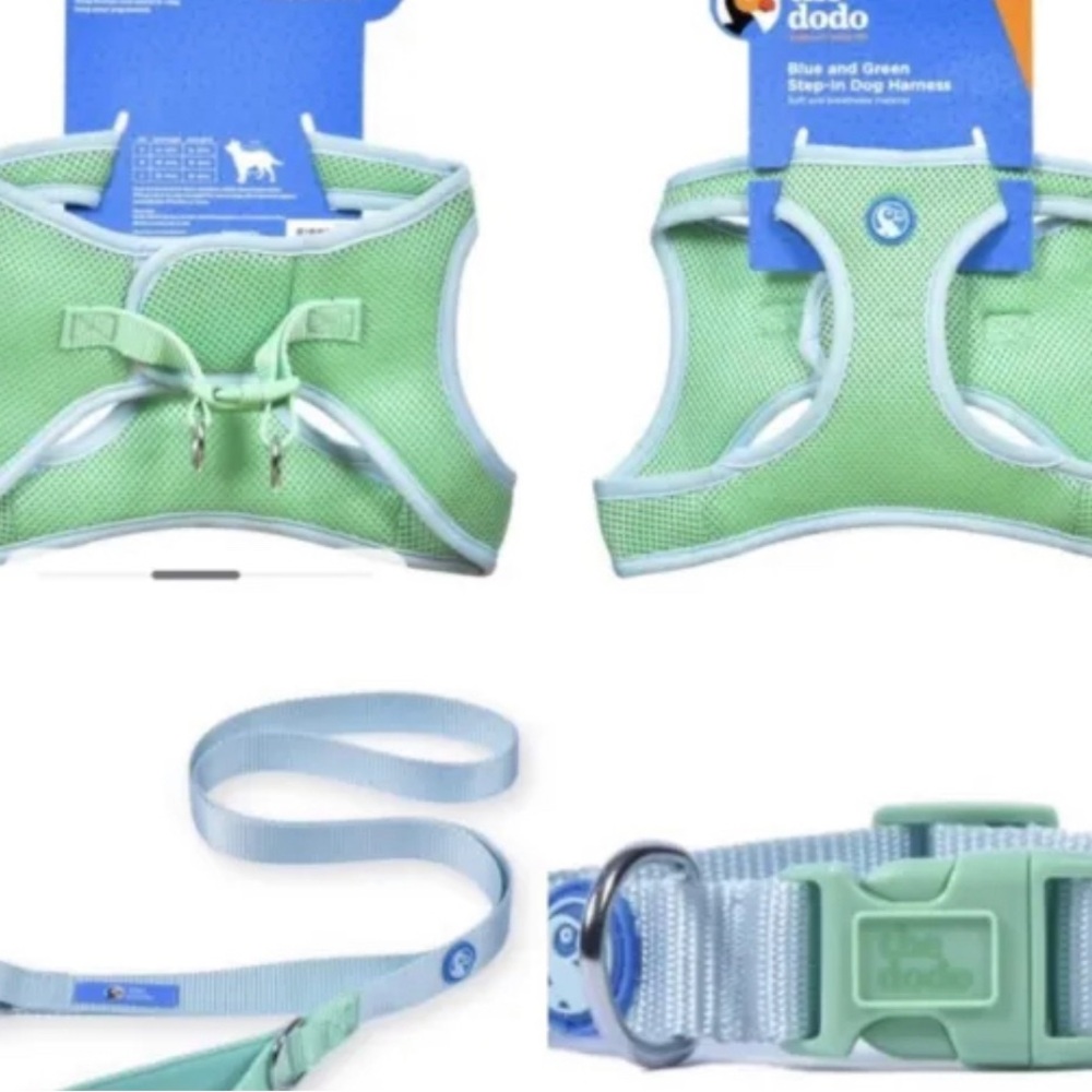 Dog Step-in Harness, Dog Collar & Leash SET! Soft Blue & Green Breathable SIZE L